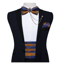 Load image into Gallery viewer, Men&#39;s Tuxedo Cummerbund Silk Bow Tie Handkerchief Brooch Chain Set - Gift Boxed
