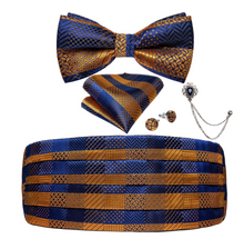 Load image into Gallery viewer, Men&#39;s Tuxedo Cummerbund Silk Bow Tie Handkerchief Brooch Chain Set - Gift Boxed
