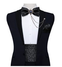 Load image into Gallery viewer, Men&#39;s Tuxedo Cummerbund Silk Bow Tie Handkerchief Brooch Chain Set - Gift Boxed
