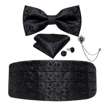 Load image into Gallery viewer, Men&#39;s Tuxedo Cummerbund Silk Bow Tie Handkerchief Brooch Chain Set - Gift Boxed
