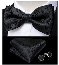 Load image into Gallery viewer, Men&#39;s Tuxedo Cummerbund Silk Bow Tie Handkerchief Brooch Chain Set - Gift Boxed
