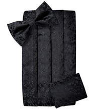 Load image into Gallery viewer, Men&#39;s Tuxedo Cummerbund Silk Bow Tie Handkerchief Brooch Chain Set - Gift Boxed
