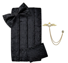 Load image into Gallery viewer, Men&#39;s Tuxedo Cummerbund Silk Bow Tie Handkerchief Brooch Chain Set - Gift Boxed
