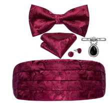 Load image into Gallery viewer, Men&#39;s Tuxedo Cummerbund Silk Bow Tie Handkerchief Brooch Chain Set - Gift Boxed
