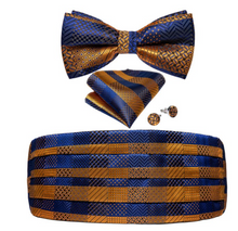 Load image into Gallery viewer, Men&#39;s Tuxedo Cummerbund Silk Bow Tie Handkerchief Brooch Chain Set - Gift Boxed
