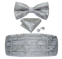 Load image into Gallery viewer, Men&#39;s Tuxedo Cummerbund Silk Bow Tie Handkerchief Brooch Chain Set - Gift Boxed
