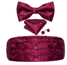 Load image into Gallery viewer, Men&#39;s Tuxedo Cummerbund Silk Bow Tie Handkerchief Brooch Chain Set - Gift Boxed
