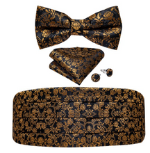 Load image into Gallery viewer, Men&#39;s Tuxedo Cummerbund Silk Bow Tie Handkerchief Brooch Chain Set - Gift Boxed

