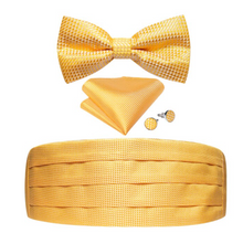 Load image into Gallery viewer, Men&#39;s Tuxedo Cummerbund Silk Bow Tie Handkerchief Brooch Chain Set - Gift Boxed
