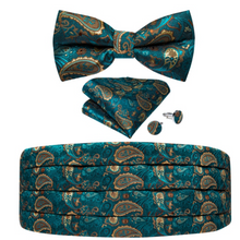 Load image into Gallery viewer, Men&#39;s Tuxedo Cummerbund Silk Bow Tie Handkerchief Brooch Chain Set - Gift Boxed
