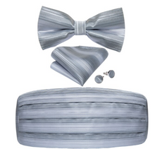 Load image into Gallery viewer, Men&#39;s Tuxedo Cummerbund Silk Bow Tie Handkerchief Brooch Chain Set - Gift Boxed
