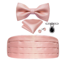 Load image into Gallery viewer, Men&#39;s Tuxedo Cummerbund Silk Bow Tie Handkerchief Brooch Chain Set - Gift Boxed
