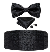 Load image into Gallery viewer, Men&#39;s Tuxedo Cummerbund Silk Bow Tie Handkerchief Brooch Chain Set - Gift Boxed
