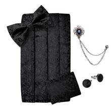 Load image into Gallery viewer, Men&#39;s Tuxedo Cummerbund Silk Bow Tie Handkerchief Brooch Chain Set - Gift Boxed
