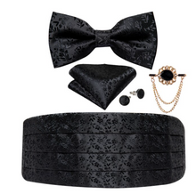 Load image into Gallery viewer, Men&#39;s Tuxedo Cummerbund Silk Bow Tie Handkerchief Brooch Chain Set - Gift Boxed
