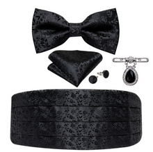 Load image into Gallery viewer, Men&#39;s Tuxedo Cummerbund Silk Bow Tie Handkerchief Brooch Chain Set - Gift Boxed

