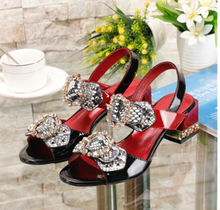 Load image into Gallery viewer, Luxury Women&#39;s Sandals Jewelled Square Heel Butterfly-Knot Rivet Rhinestone Shoes
