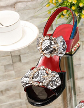 Load image into Gallery viewer, Luxury Women&#39;s Sandals Jewelled Square Heel Butterfly-Knot Rivet Rhinestone Shoes

