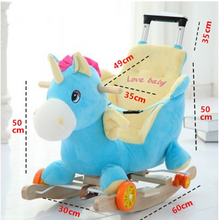 Load image into Gallery viewer, Child Rocking Horse/Chair, Plush/Solid Wood, Many Styles with Music and Safety Belt - Rocker or on Wheels with Handle to Push
