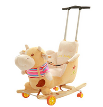 Load image into Gallery viewer, Child Rocking Horse/Chair, Plush/Solid Wood, Many Styles with Music and Safety Belt - Rocker or on Wheels with Handle to Push
