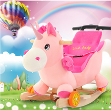 Load image into Gallery viewer, Child Rocking Horse/Chair, Plush/Solid Wood, Many Styles with Music and Safety Belt - Rocker or on Wheels with Handle to Push
