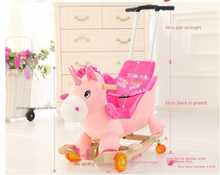 Load image into Gallery viewer, Child Rocking Horse/Chair, Plush/Solid Wood, Many Styles with Music and Safety Belt - Rocker or on Wheels with Handle to Push
