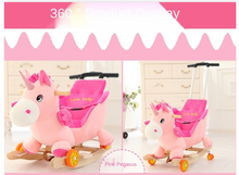 Load image into Gallery viewer, Child Rocking Horse/Chair, Plush/Solid Wood, Many Styles with Music and Safety Belt - Rocker or on Wheels with Handle to Push
