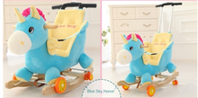 Load image into Gallery viewer, Child Rocking Horse/Chair, Plush/Solid Wood, Many Styles with Music and Safety Belt - Rocker or on Wheels with Handle to Push
