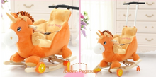 Load image into Gallery viewer, Child Rocking Horse/Chair, Plush/Solid Wood, Many Styles with Music and Safety Belt - Rocker or on Wheels with Handle to Push
