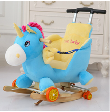 Load image into Gallery viewer, Child Rocking Horse/Chair, Plush/Solid Wood, Many Styles with Music and Safety Belt - Rocker or on Wheels with Handle to Push
