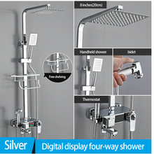 Load image into Gallery viewer, &quot;Arna&quot; Collection - Modern Rainfall Shower Head Mixer Set with Thermostat Silver
